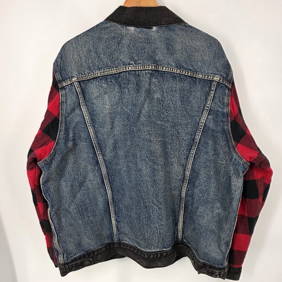 Levis Premium Trucker Jacket Mens XL Denim Plaid Flannel Buffalo Check Sleeve - Picture 2 of 7